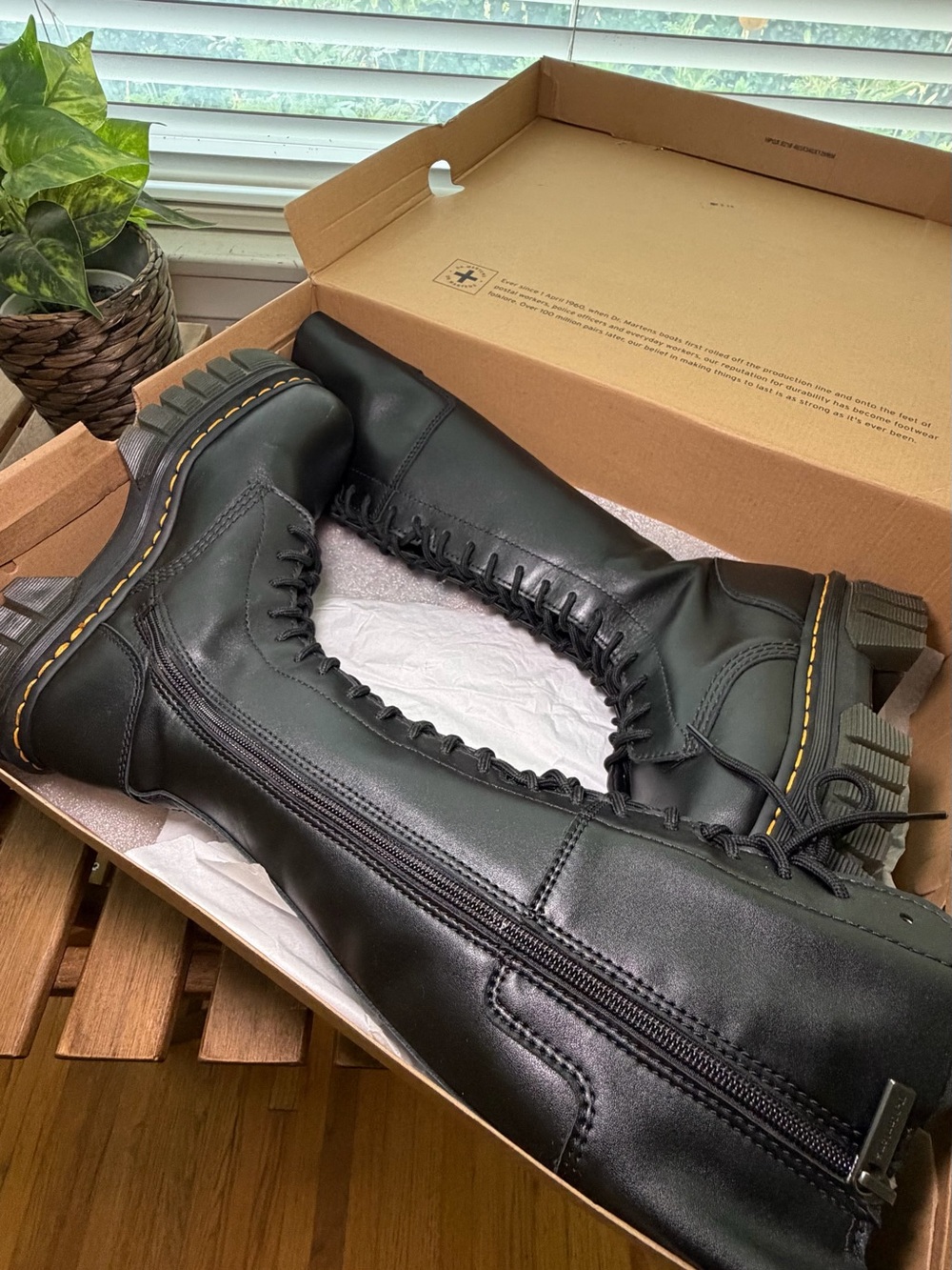 Dr. Martens Black Tall Lace-Up Combat Boots with Yellow Stitching